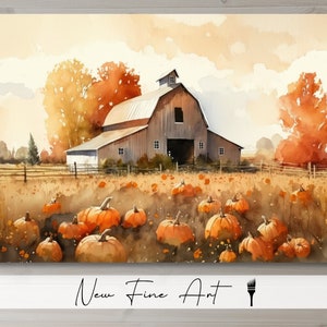 Farmhouse Pumpkin Barn Wall Art, Rustic Print, Autumn Pumpkins, Country Landscape, Watercolor, Pumpkins, Museum Quality Canvas or Art Print
