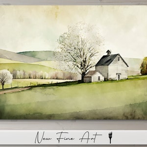 May include: Watercolor painting of a rural landscape featuring a white barn with a black roof, a small outbuilding, and a large tree. Rolling green hills and a dirt road complete the scene. The artwork is signed "New Fine Art".