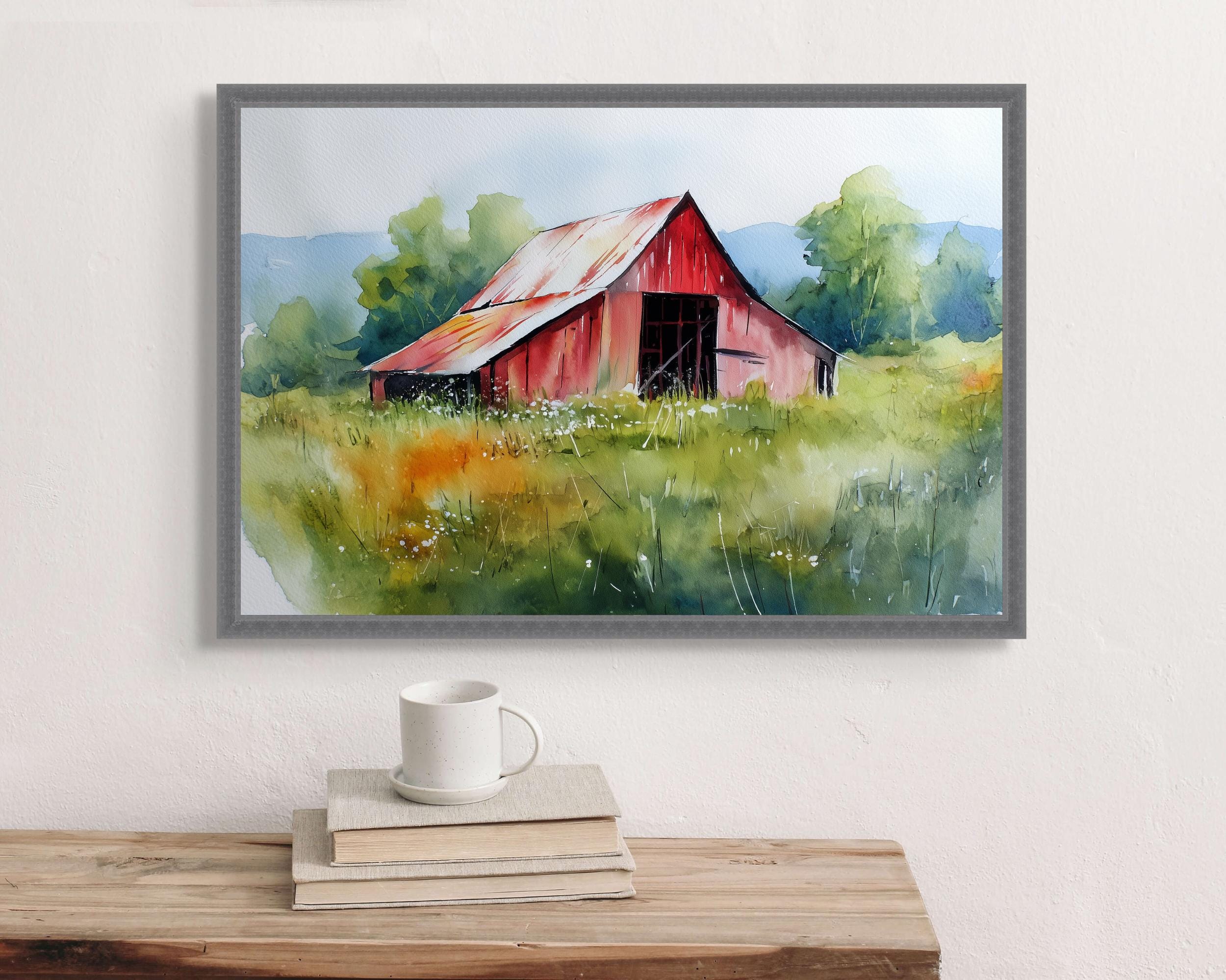 Rustic Red Barn Art Print – Watercolor Farmhouse Wall Decor, Country ...