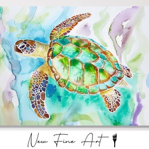 Handgemalte Meeresschildkröten-Aquarellkunst – Lebendiges Meeresleben-Wanddekor, vom Meer inspirierter Kunstdruck, Strandhaus-Dekor, Küsten-Geschenkidee