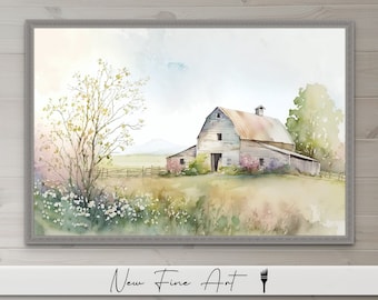 Könnte beinhalten: Aquarellgemälde eines weißen Bauernhauses mit braunem Dach auf einem Feld mit einem Baum und Blumen. Der Himmel ist hellblau mit weißen Wolken.