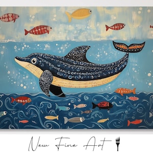 Whimsical Dolphin Wall Art - Folk Art Ocean Animal Print - Nautical Marine Life Decor - Playful Sea Creature Illustration for Beach House