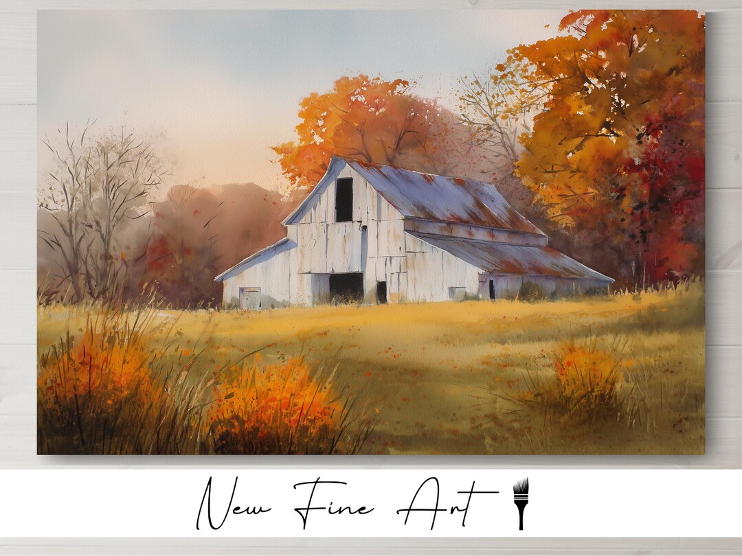 Rustic White Barn Wall Art – Autumn Country Farmhouse Landscape Print ...