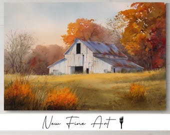 May include: Watercolor painting of a white barn with a weathered metal roof, set in a field of golden grass. The autumn landscape features trees with vibrant orange and red foliage, evoking a sense of warmth.