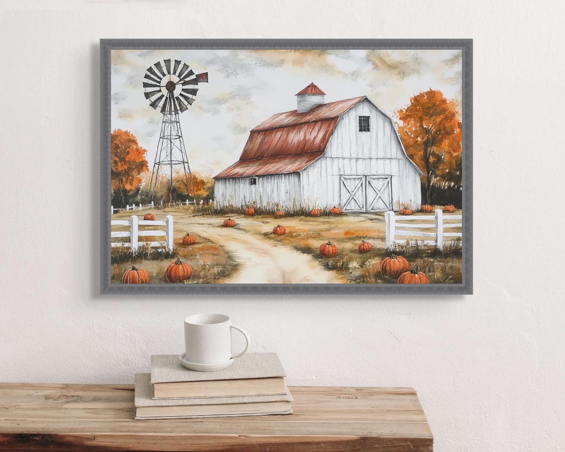 Rustic Fall Barn and Windmill Art Print With Pumpkins, Autumn Farmhouse ...