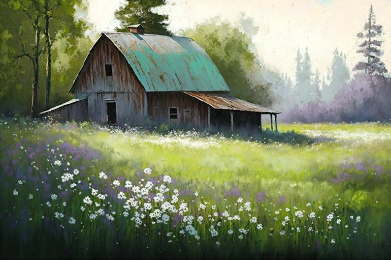 Watercolor Barn in Flower Field, Farmhouse Wall Art, Country Landscape ...
