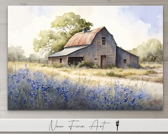 Farmhouse Bluebonnet Barn Wall Art, Rustic Print, Flowers, Country Landscape, Watercolor, Austin, Texas, Museum Quality Canvas or Art Print