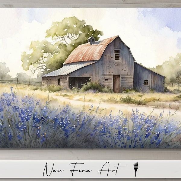 Farmhouse Bluebonnet Barn Wall Art, Rustic Print, Flowers, Country Landscape, Watercolor, Austin, Texas, Museum Quality Canvas or Art Print