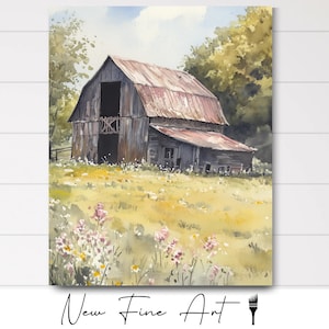 Vintage Barn Watercolor Painting – Rustic Farmhouse Wall Art, Country Landscape Print, Cottagecore Decor, Shabby Chic Home Aesthetic
