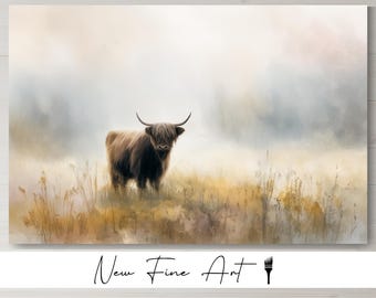 Highland Cow Wall Art Print | Misty Pasture Farmhouse Decor | Rustic Animal Landscape Artwork | Neutral Country Home Aesthetic