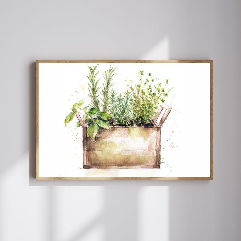Herb Garden Watercolor Print – Rustic Kitchen Wall Art of Rosemary ...