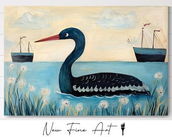 Loon Bird Wall Art – Duck Folk Art Lake Print, Rustic Cabin Decor, Coastal Waterfowl, Nautical Wildlife Artwork, Nature Lover Gift
