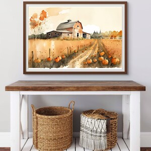 Pumpkin Patch Barn Watercolor, Autumn Harvest Farmhouse Decor, Country ...