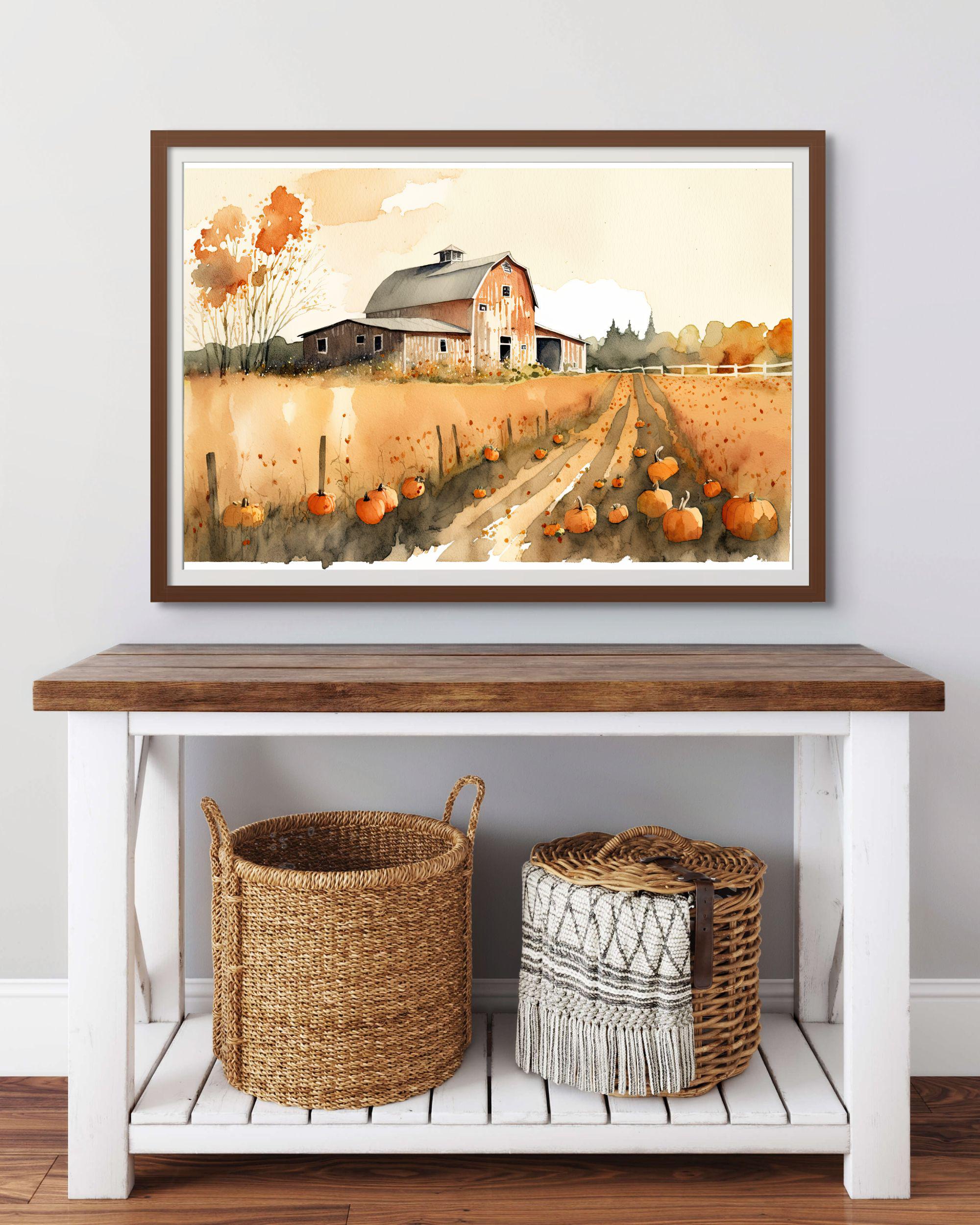 Pumpkin Patch Barn Watercolor, Autumn Harvest Farmhouse Decor, Country ...