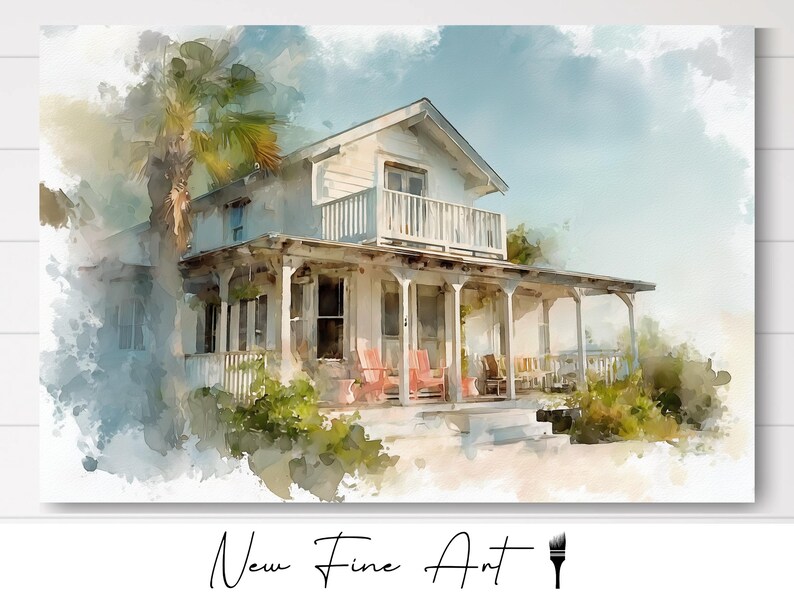 Vintage Coastal Cottage Wall Art | Serene Beach House Watercolor Print ...