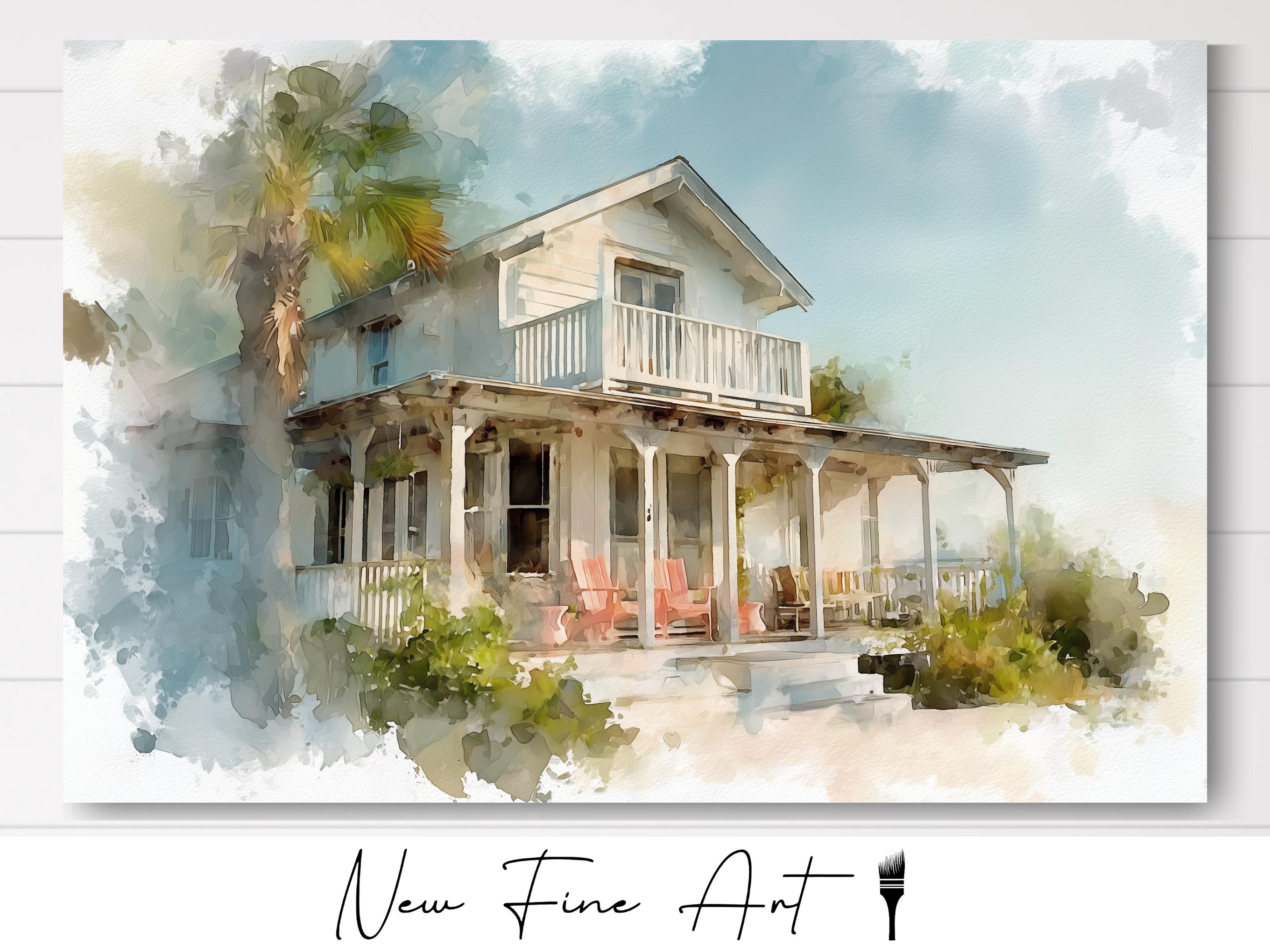 Vintage Coastal Cottage Wall Art | Serene Beach House Watercolor Print ...