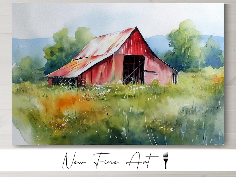 Rustic Red Barn Art Print – Watercolor Farmhouse Wall Decor, Country ...
