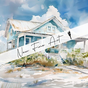 Rustic Seaside Beach Cottage Watercolor Art Print, Tranquil Coastal ...