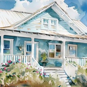 Rustic Seaside Beach Cottage Watercolor Art Print, Tranquil Coastal ...