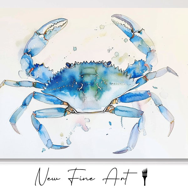 Coastal Chic Blue Crab Watercolor Painting - Nautical Wall Art for Beach House Decor, Marine Life Illustration, Seaside Wall Art, Shoreline