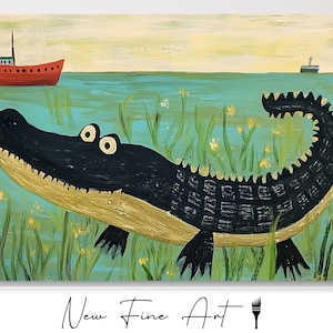 Alligator Wall Art Print – Folk Art Gator in Marsh Grass – Quirky Southern Wildlife Décor – Louisiana Bayou Illustration for Home or Gift