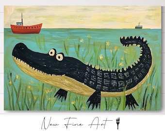 Alligator Wall Art Print – Folk Art Gator in Marsh Grass – Quirky Southern Wildlife Décor – Louisiana Bayou Illustration for Home or Gift