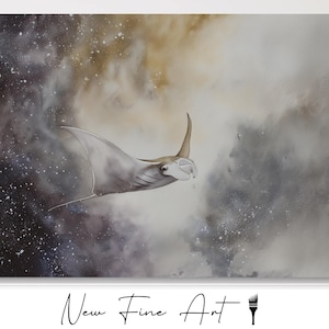May include: Watercolor painting of a manta ray gliding through a cloudy, star-filled sky. The artwork features a muted color palette with shades of gray, brown, and white. The words "New Fine Art" are written in cursive at the bottom.