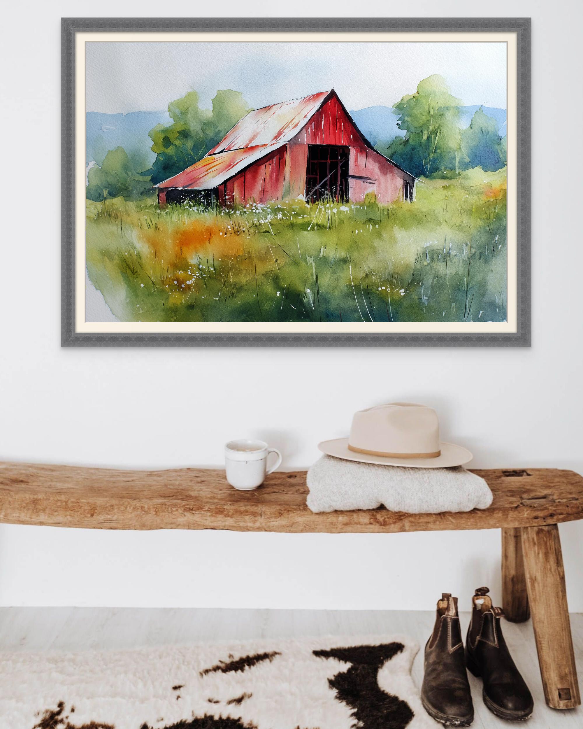 Rustic Red Barn Art Print – Watercolor Farmhouse Wall Decor, Country ...