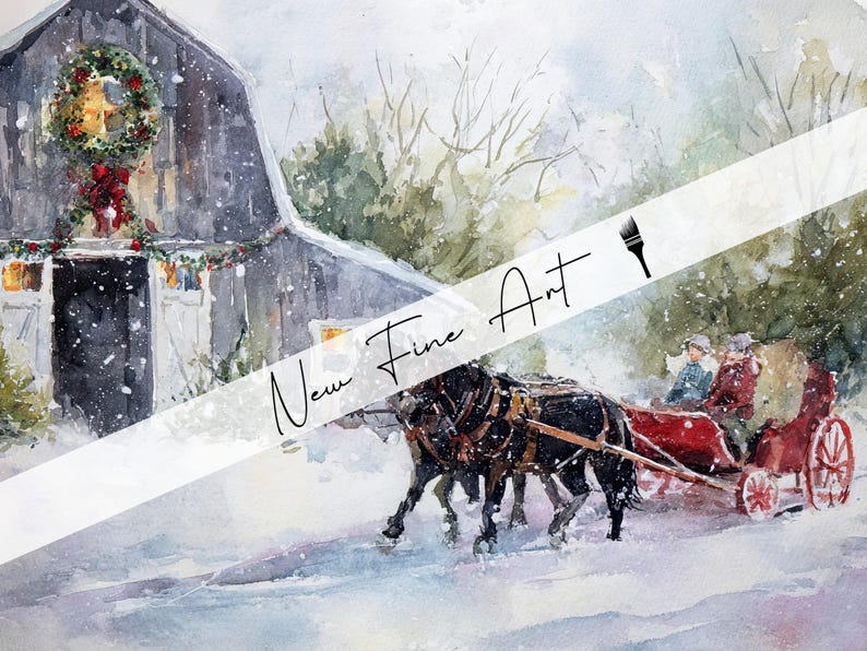 Art Print Winter Red Barn Horse Sleigh Snowy Country Watercolor ...