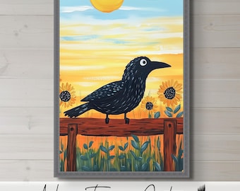 Folk Art Crow and Sunflowers Wall Decor Country Bird Painting Summer Meadow Artwork Farmhouse Style Accent for Entryway or Kitchen