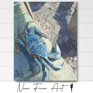 Blue Crab Manhattan Art Surreal NYC Skyline Wall Decor • Whimsical Sea Life in Cityscape • Fun Urban Fantasy Animal Artwork for Home