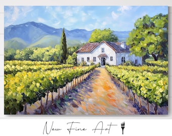 Napa Vineyard Art Print, California Oil Painting, Farmhouse Canvas, Framed Artwork, Home Wall Art