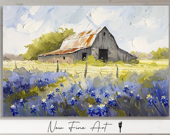 May include: A painting of a rustic barn with a rusty metal roof, set against a backdrop of blue sky and fluffy clouds. The barn is surrounded by a field of vibrant blue wildflowers, adding a touch of color to the scene.