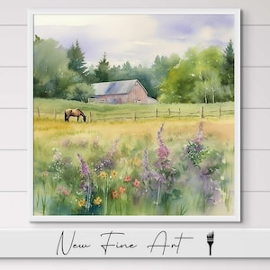 Lavender Fields Horse Barn, Rustic, Flowers, Country Landscape, Wildflowers, Watercolor, Equestrian, Museum Quality Canvas or Art Print