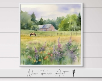 Lavender Fields Horse Barn, Rustic, Flowers, Country Landscape, Wildflowers, Watercolor, Equestrian, Museum Quality Canvas or Art Print