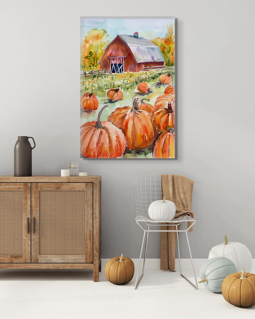 Art Print Autumn Pumpkin Barn Landscape Country Farm Harvest Watercolor ...