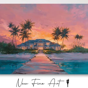 Tropical Sunset Beach House Art, Coastal Florida Waterfront Home Decor, Luxury Palm Tree Landscape, Beach Home Canvas Wall Art Gift