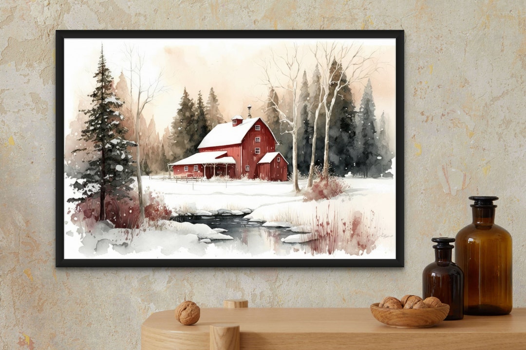 Wall Art Winter Red Barn Snow Landscape Watercolor Country Farmhouse - Etsy