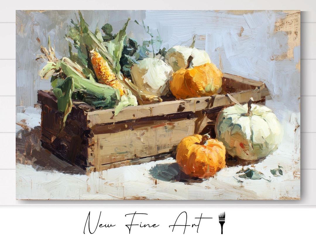 Rustic Fall Harvest Wall Art – Corn and Pumpkin Still Life in Warm ...
