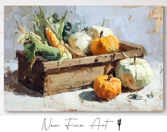 May include: An oil painting depicts a wooden crate filled with corn and pumpkins. The pumpkins are orange and white, and the corn has green husks. The artwork is signed "New Fine Art".