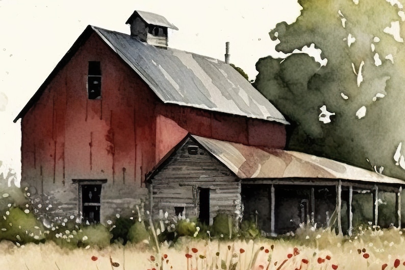 Red Farmhouse Wall Art Set Of 4 8x10" Prints With 11x14" White Mats