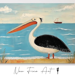 Coastal Pelican Wall Art - Nautical Beach Bird Print, Vintage Folk Art Decor, Ocean Wildlife Illustration, Seaside Cottage Chic Gift