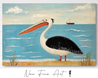 Coastal Pelican Wall Art - Nautical Beach Bird Print, Vintage Folk Art Decor, Ocean Wildlife Illustration, Seaside Cottage Chic Gift