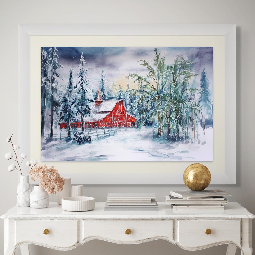 Red Barn Winter Landscape Wall Art Print – Rustic Snowy Farmhouse Decor ...