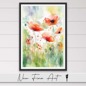 Poppy Floral Wall Art, Farmhouse Print, Botanical Watercolor, Boho Flower, Minimalist, Modern Farmhouse, Museum Quality Canvas or Art Print