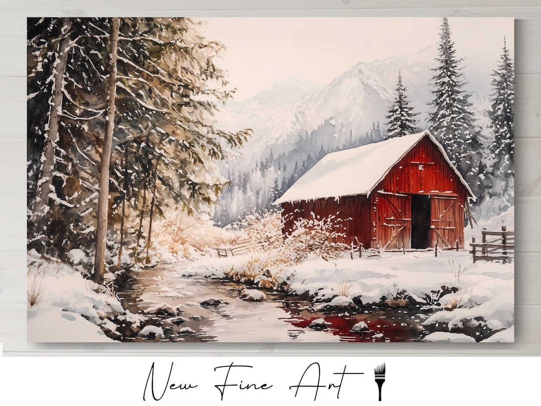 Red Old Barn Winter Art Print - Snowy Mountain Cabin Wall Art ...