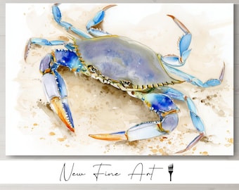 Watercolor Blue Crab Wall Art Coastal Beach Decor Nautical Sea Life Print Ocean Animal Painting Chesapeake Bay Kitchen Artwork