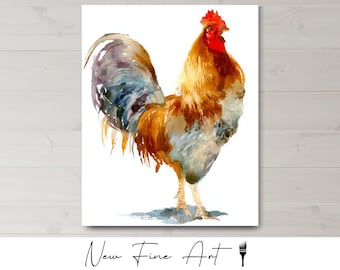 May include: Watercolor painting of a rooster. The artwork features a rooster with orange, brown, and blue feathers, a red comb, and a white background. The text "New Fine Art" is at the bottom.