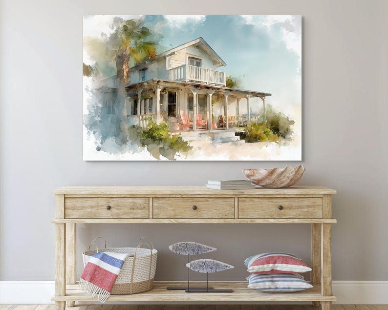 Vintage Coastal Cottage Wall Art | Serene Beach House Watercolor Print ...