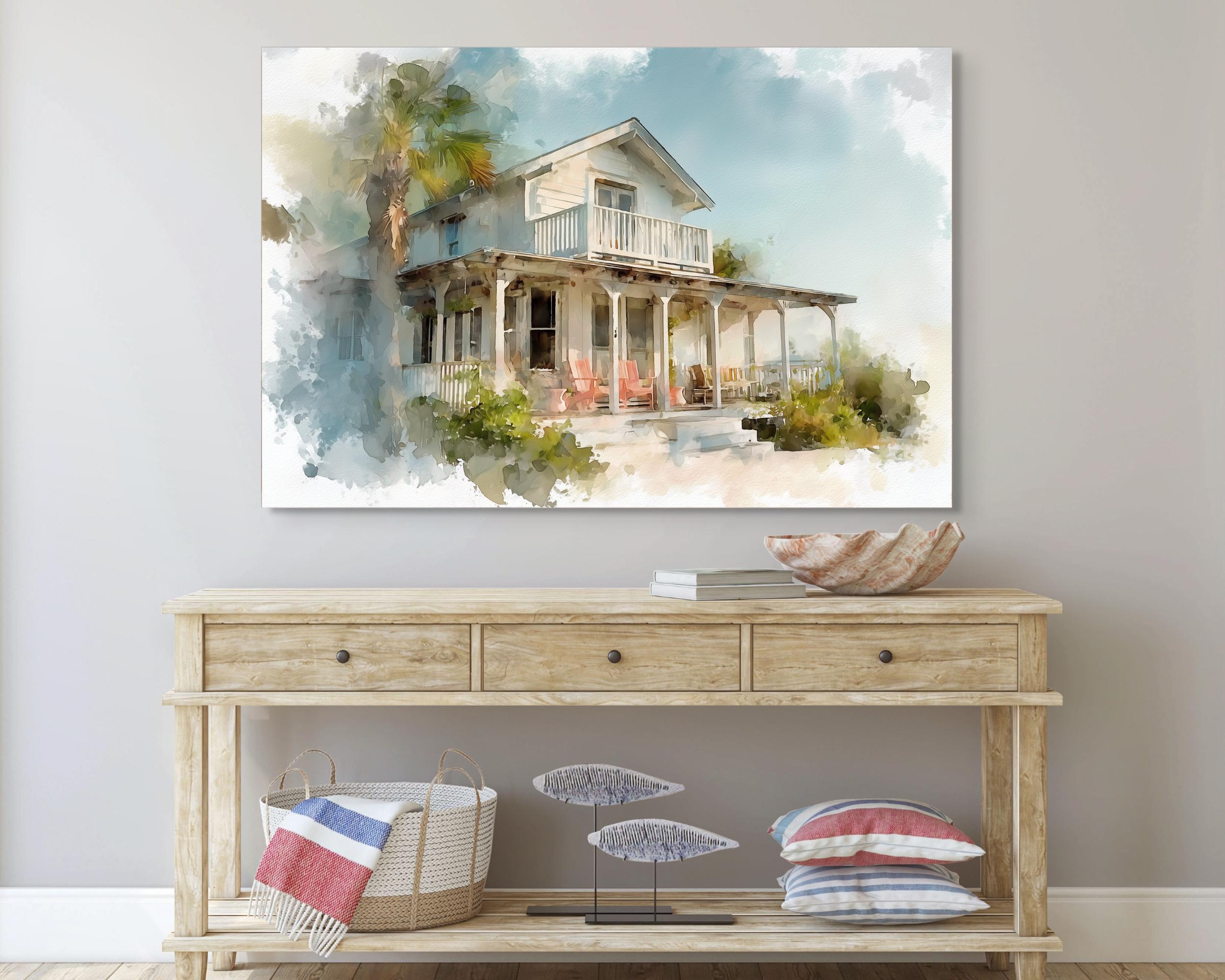 Vintage Coastal Cottage Wall Art | Serene Beach House Watercolor Print ...